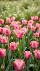 Fototapeta premium A field of vibrant pink tulips in full bloom