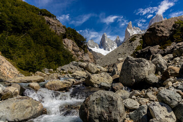 Fitz Roy mountain trekking in Patagonia. El Chalten trek in Argentina Andes mountains. Famous places of South America nature. Tall granite mountain peak famous for beautiful views from hike and climb