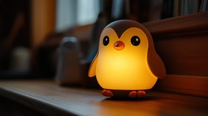 Cute penguin nightlight on wooden shelf, bookshelves in background