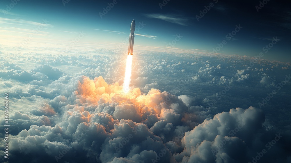 Poster a rocket lifts off from a launch pad, leaving a trail of fire and smoke as it ascends into the sky. 