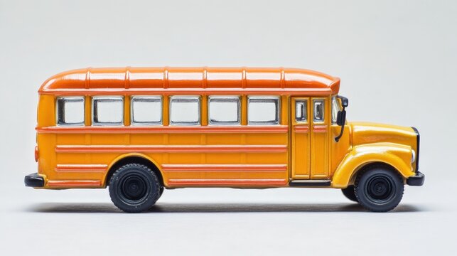 Classic Yellow Toy School Bus Model on a Neutral Background Perfect for Educational Themes, Childhood Memories, or Nostalgic Designs in Stock Photography