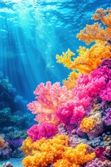 Obraz premium Radiant coral garden underwater scene with sun rays illuminating colorful marine life in a vibrant aquatic ecosystem