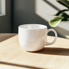 Mockup of a white porcelain cup on a table.