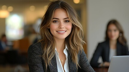 Fototapeta premium Confident business woman professional portrait in office setting, young professional smiling female executive at workplace. Concept of business, people, office and workplace.