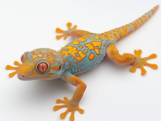 Naklejka premium Captivating gecko portrait showcasing vibrant orange and blue scales against a clean white background, detailed texture, reptile beauty, studio shot, eye level view
