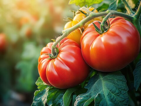 Ripe beefsteak tomatoes on the vine in a garden bathed in warm sunlight showcasing organic farming and fresh produce for healthy eating