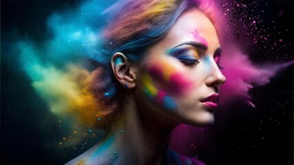 Cosmetics advertisement with the effect of blush powder spreading in the background.