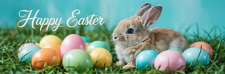 Adorable Baby Bunny Sitting Among Pastel-Colored Easter Eggs on a Vibrant Turquoise Background Perfect for Easter-Themed Designs Spring Celebrations Holiday Marketing and Cute Animal Stock Photography