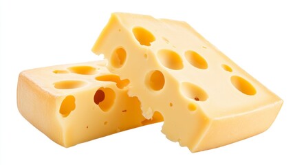 Two Cheese Wedges with Holes on White Background Close-up Shot