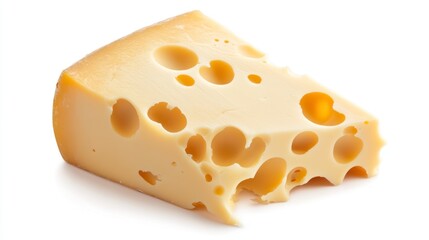 Close-up of Yellow Cheese Wedge with Holes on White Background