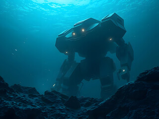 Submersible Mecha Robot Underwater Exploration Futuristic Concept Art, Ocean, Deep Sea Adventure, Technology.