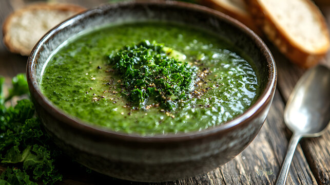 Hearty Kale Soup Simmered to Perfection with Fresh Ingredients and Served with Bread