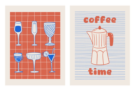 Set of hand drawn vintage posters in dolce vita style. Whimsical drawings of wine glasses, cocktails and coffee pot. Breakfast, lunch, dinner concept. Contemporary art vector illustrations