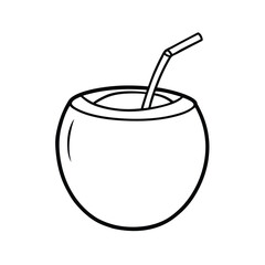 Refreshing Coconut Drink, Tropical Beverage, Summer Hydration, Straw, Outline