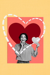 Poster trend sketch template 3D photo collage of postcard relationships couple love Valentine holiday young woman smile hand hold heart