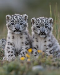 Fototapeta premium Adorable snow leopard cubs nestled in vibrant meadow create a heartwarming scene of wildlife beauty