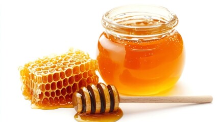Honey Still Life Honeycomb Jar and Dipper on White Background
