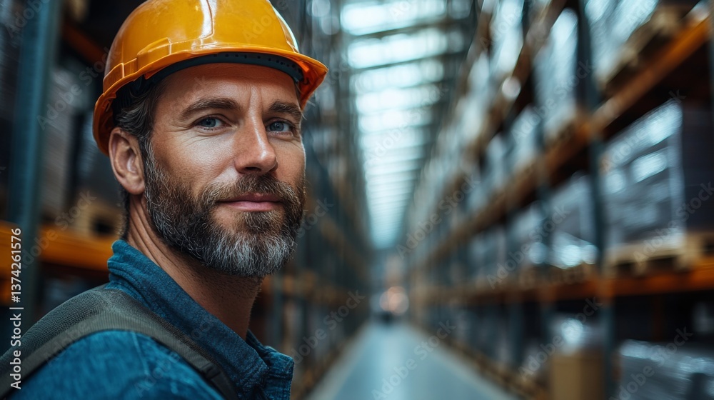 Leinwandbilder a knowledgeable worker in a safety helmet stands confidently among stacked pallets in a spacious dis