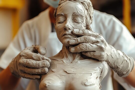 Artistic clay sculpting in a workshop during the afternoon, focusing on a detailed bust of a female figure being carefully shaped by skilled hands