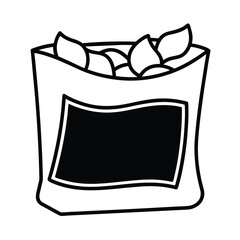 Snack Food Bag, Crispy Chips, Black and White Illustration