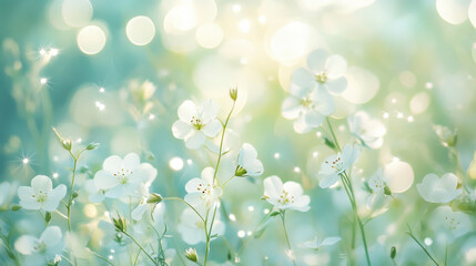 An artistic floral visualization, gentle sprigs of green with tiny white flowers surrounding a luminous soft-focus backdrop, infused with light particles and faint halos
