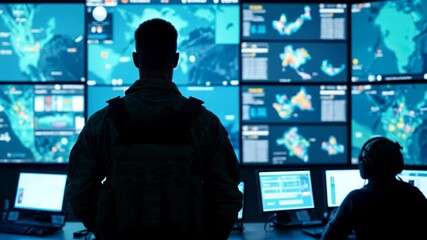Personnel analyze data in a high-tech operations center, focusing on various screens displaying live information and analytics - Powered by Adobe