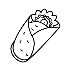 Delicious Burrito Wrap, Mexican Food, Line Art Illustration