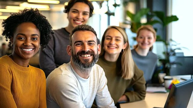 A multicultural group of colleagues sharing a joyful moment in a lively workspace.