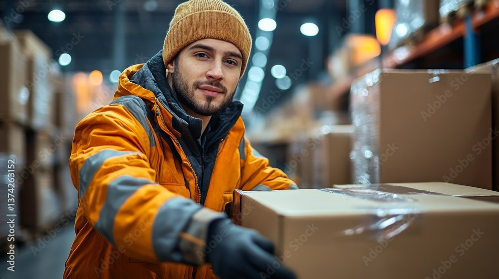 Fototapete A worker in a safety jacket and beanie is sorting and preparing boxes for shipment in a busy warehouse filled with shelves and inventory. Efficient logistics practices are evident.