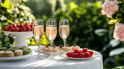 Elegant arrangement of champagne flutes with gourmet appetizers, lush greenery and flowers. Spring luxury garden party