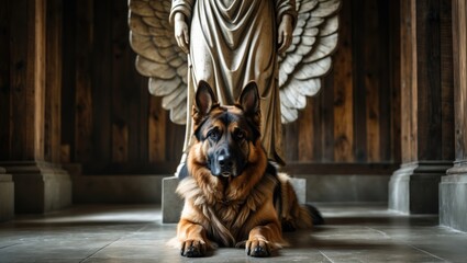 Obraz premium German Shepherd dog lying on the floor in a dimly lit interior with a winged angel statue, showcasing a blend of strength and serenity