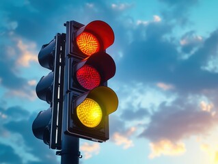Traffic light against a cloudy sky at sunset with red and yellow lights glowing in the evening light