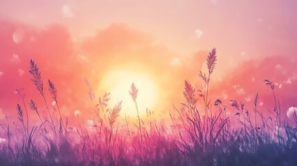 A serene sunset illuminating the grassy field.