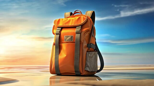 Vibrant backpack reflects sun's journey across sky on tranquil beach