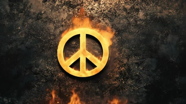 Fiery peace symbol ignites against a dark textured wall