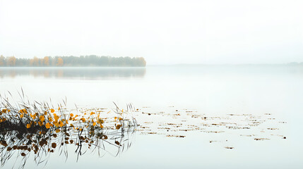 Naklejka premium A lake with a foggy sky in the background