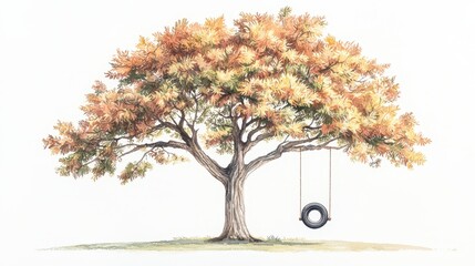 Fototapeta premium Autumn tree with tire swing outdoor park illustration scenic view nature's beauty
