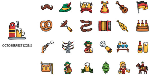 Oktoberfest simple concept 24 hand drawn color icons set. Contains such Oktoberfest, icon, set, accordion, barrel, beer .Vector illustration.