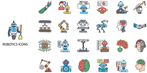 Obraz premium Robotics simple concept 24 hand drawn color icons set. Contains such robot, dog, ai, technology, machine, automation, intelligent .Vector illustration.