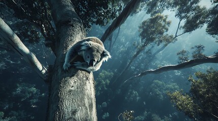 A serene view of a koala clinging to a eucalyptus tree amidst a misty forest atmosphere, surrounded by rich green foliage and soft sunlight filtering through