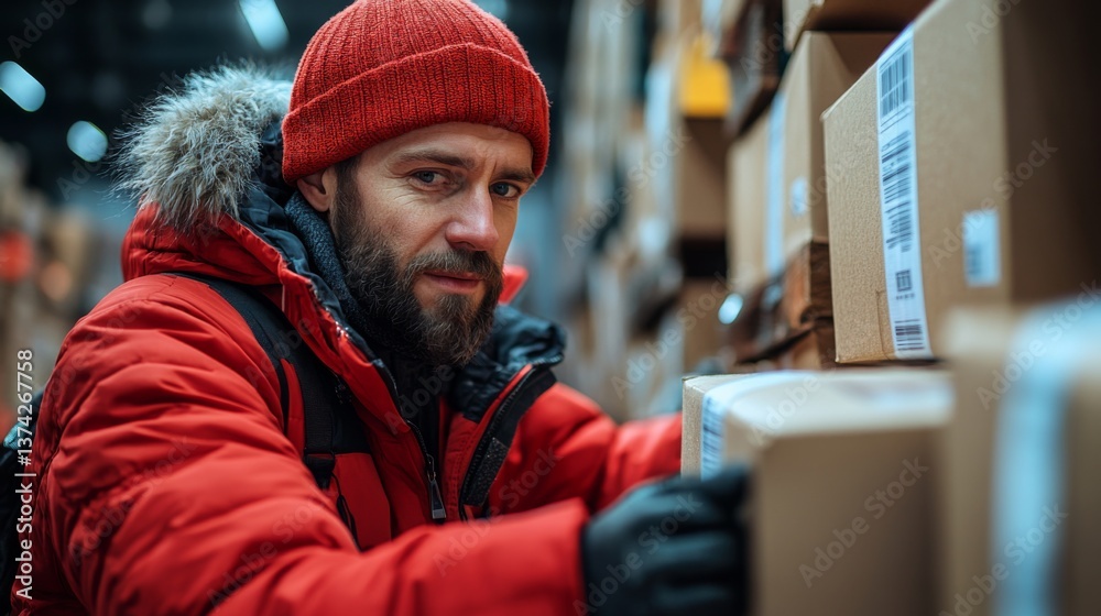 Poster a warehouse worker with a red beanie and jacket sorts through stacked boxes, diligently managing inv