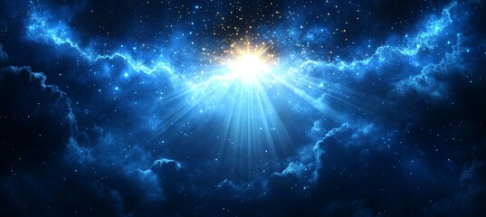 Blue shiny heaven light on cloudscape. Religion faith worship spirituality concept. Generative AI technology.