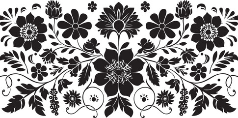 Intricate black and white floral pattern with vintage folk art style for decorative uses.