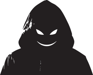 Mysterious hooded silhouette with a sinister smile for horror or thriller designs.