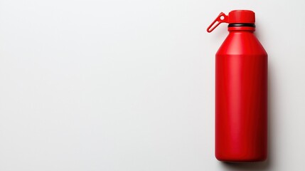 Close-up of a red water bottle with a red cap. the bottle is cylindrical in shape and appears to be made of plastic. it has a spout on one side and a handle on the other side for easy carrying.
