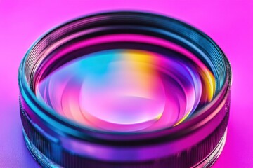 Macro photograph of a camera lens with vibrant hues of blue, pink, and yellow creating a mesmerizing visual effect showcasing optical precision