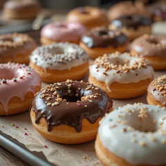 Donuts in Rows with Crumbs, Glaze, and Sprinkles

