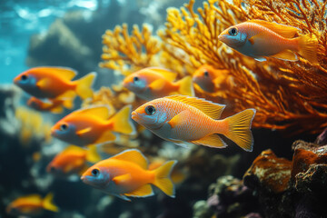 Naklejka premium A group of fish swimming in a coral reef