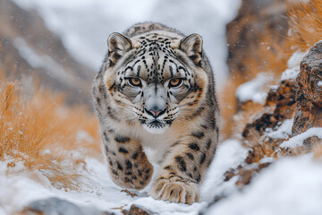 Fototapeta premium A snow leopard is running through the snow