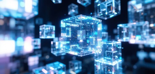 Fototapeta premium Digital Geometry Translucent Cubes Creating a Virtual Structure, Light Effects, Tech Art